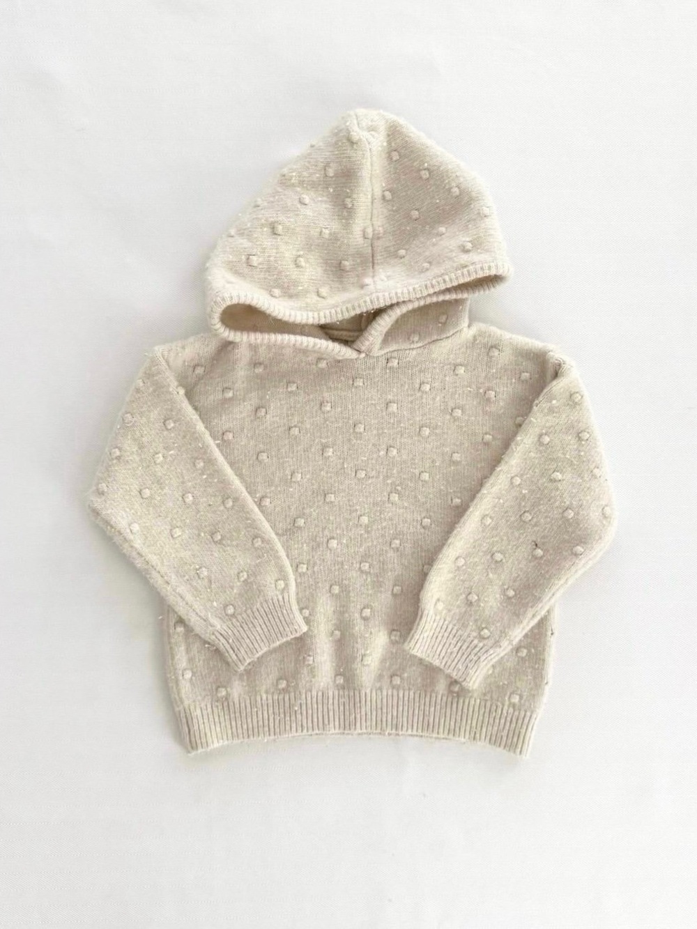 Zara Cream Hooded Knit Sweater with Pom Dot Texture